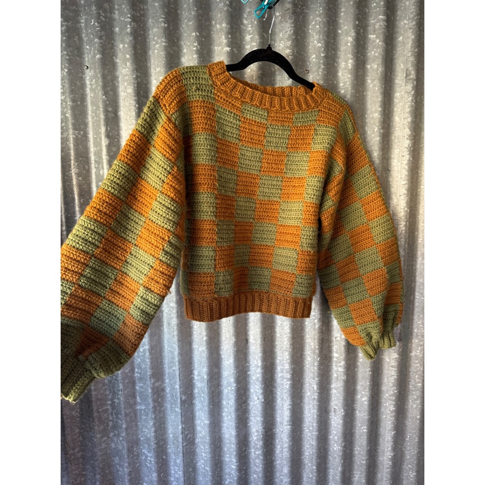 Vintage Handmade Crochet Knit Checkerboard Sweater Orange Green Balloon Sleeve - Picture 8 of 10